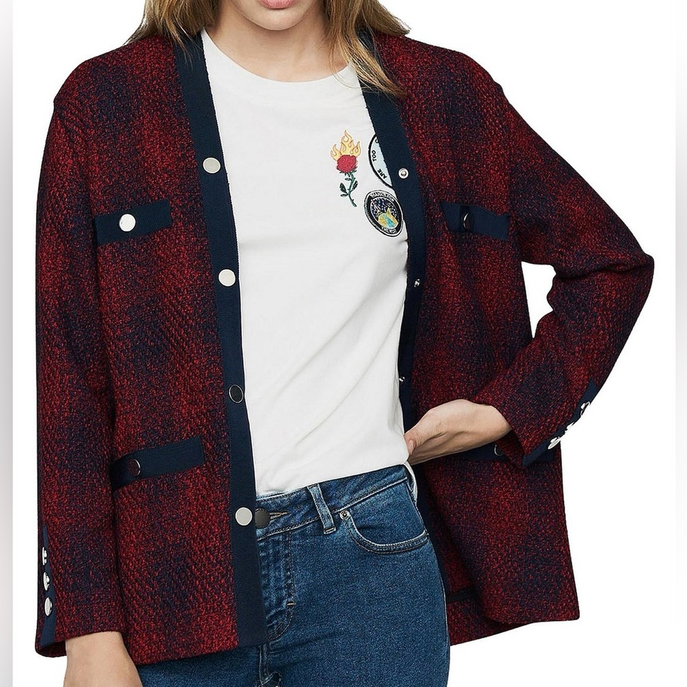 Maje Women’s Red and Blue Plaid Vero Cardigan Size 40